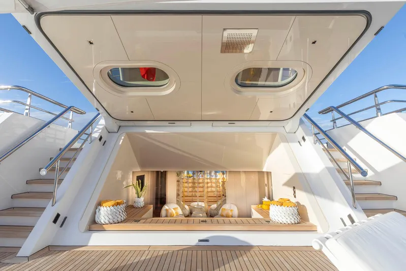 Moonstone Yacht Photos Pics Luxurious Amels 200 yacht interior, 2021 model, featuring elegant seating and modern design.