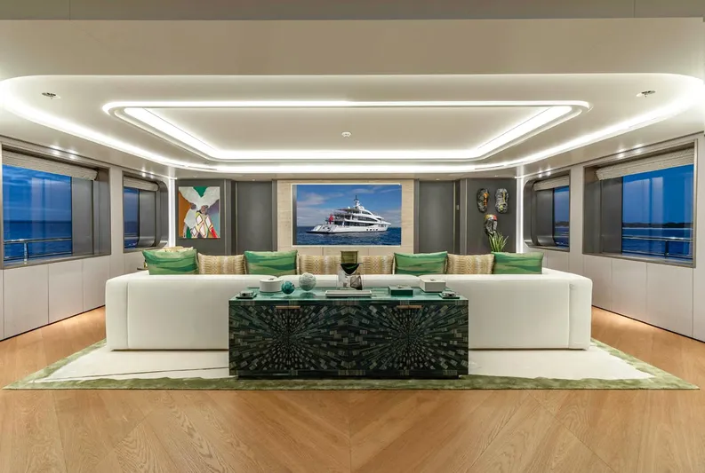 Moonstone Yacht Photos Pics Luxurious interior of 2021 Amels 200 yacht with modern decor and elegant lighting.