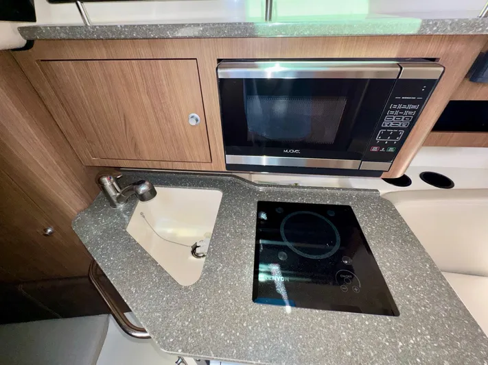 Yacht Photos Pics 2018 Boston Whaler 285 Conquest galley with microwave, sink, and cooktop.