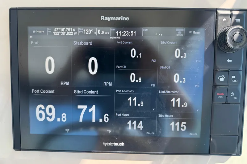  Yacht Photos Pics Raymarine display on 2018 Boston Whaler 285 Conquest showing engine data and navigation details.