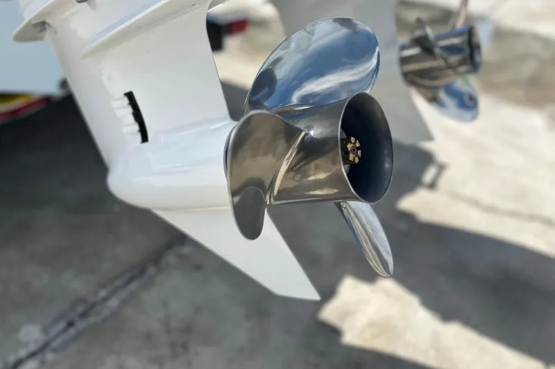  Yacht Photos Pics Close-up of a 2026 Sea Fox 268 Commander boat propeller, showcasing its sleek design.