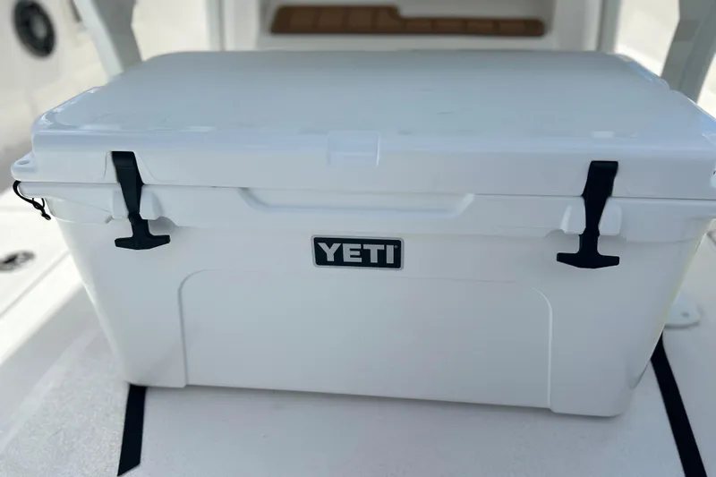  Yacht Photos Pics White YETI cooler on 2026 Sea Fox 268 Commander boat deck.