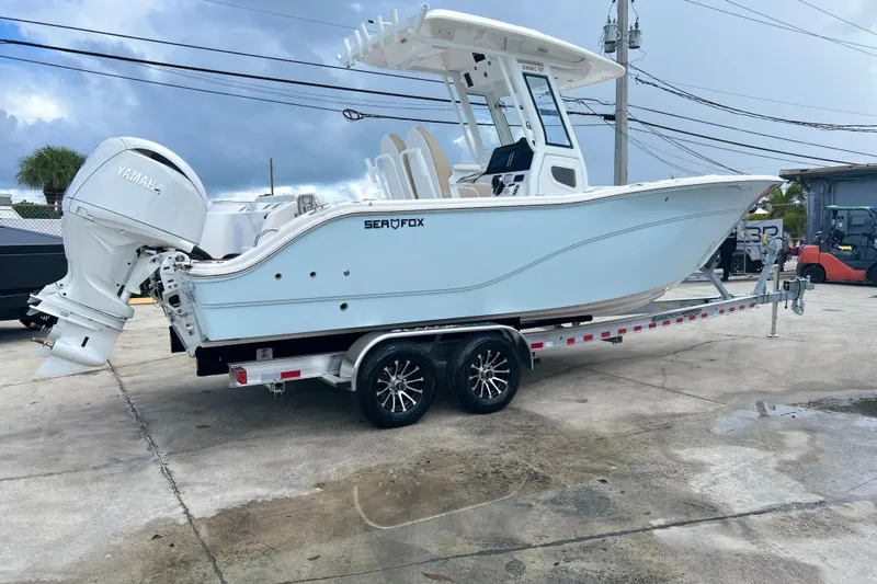  Yacht Photos Pics 2026 Sea Fox 268 Commander boat on trailer, featuring Yamaha outboard motor.
