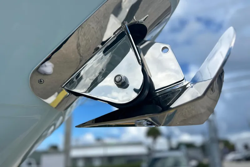  Yacht Photos Pics Close-up of a 2026 Sea Fox 268 Commander boat anchor against a cloudy sky.