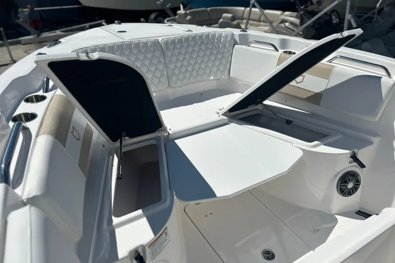  Yacht Photos Pics 2026 Sea Fox 268 Commander boat interior with open storage compartments and seating.