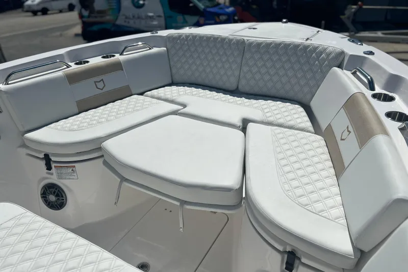  Yacht Photos Pics Luxurious seating on 2026 Sea Fox 268 Commander boat with quilted upholstery.