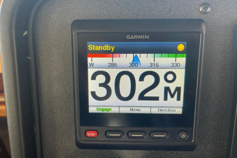 Spray Yacht Photos Pics Garmin navigation display on 2015 Nordic Tug 39, showing heading 302 degrees.