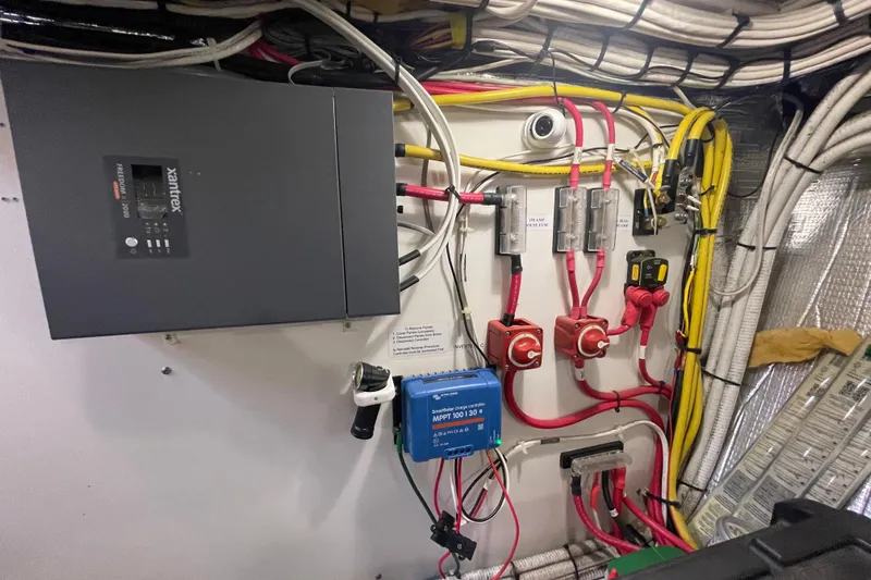 Spray Yacht Photos Pics Electrical panel of a 2015 Nordic Tug 39 with wiring and control systems.