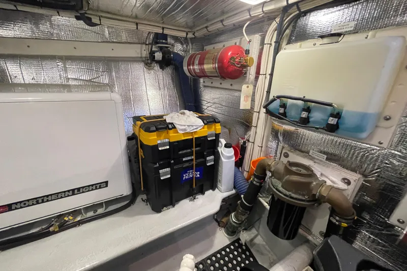 Spray Yacht Photos Pics Engine room of 2015 Nordic Tug 39 with equipment and insulation.