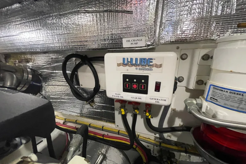 Spray Yacht Photos Pics Engine room of 2015 Nordic Tug 39 with oil change pump system.