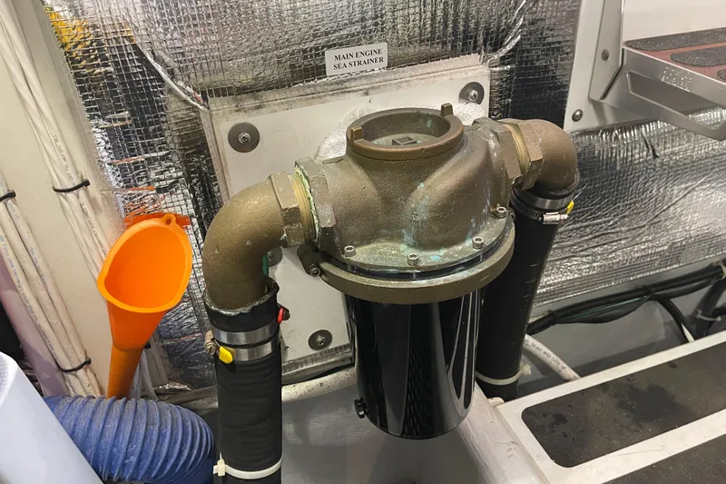 Spray Yacht Photos Pics Engine room of 2015 Nordic Tug 39 with main engine sea strainer.