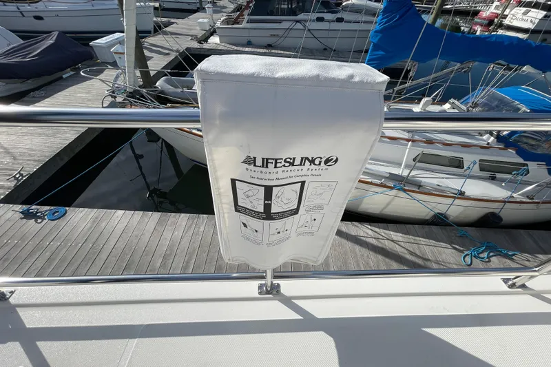 Spray Yacht Photos Pics Lifesling 2 rescue system on 2015 Nordic Tug 39 at marina dock.