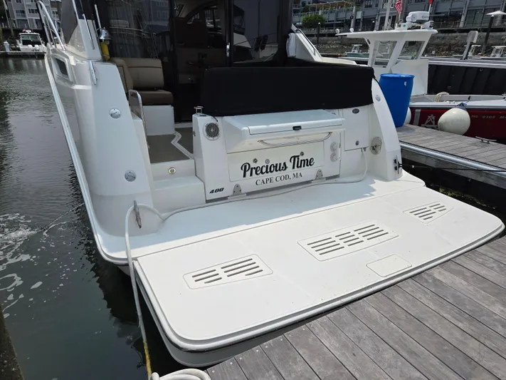 Precious Time Yacht Photos Pics 2017 Sea Ray Sundancer 400 docked, rear view with "Precious Time" nameplate, Cape Cod, MA.