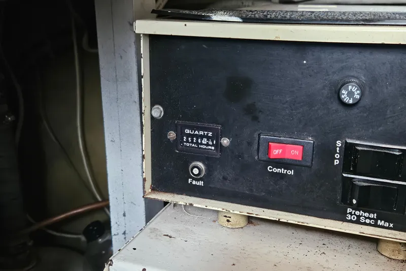  Yacht Photos Pics Control panel of a 1985 Post 43 Convertible with switches and hour meter.