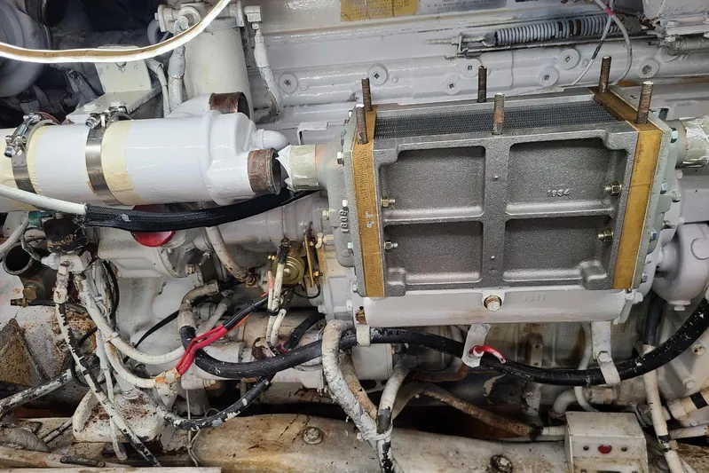  Yacht Photos Pics Engine components of a 1985 Post 43 Convertible boat, featuring detailed mechanical parts.