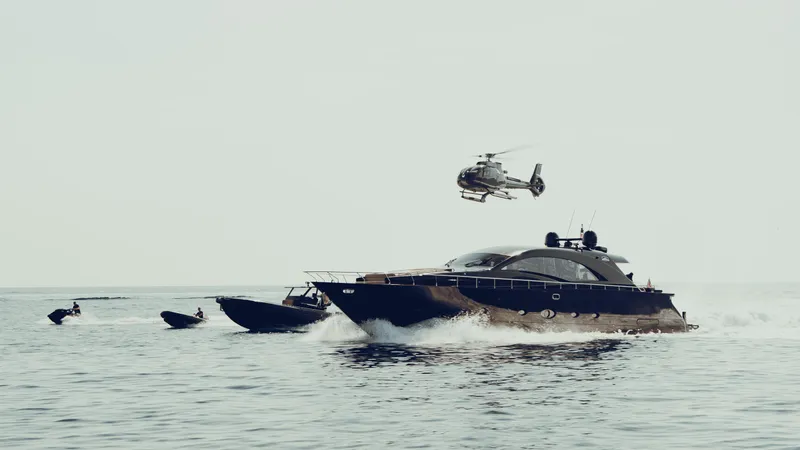 Black Rock Yacht Photos Pics Luxury yacht with helicopter and speedboats on open sea, Custom 77 model, 2008.