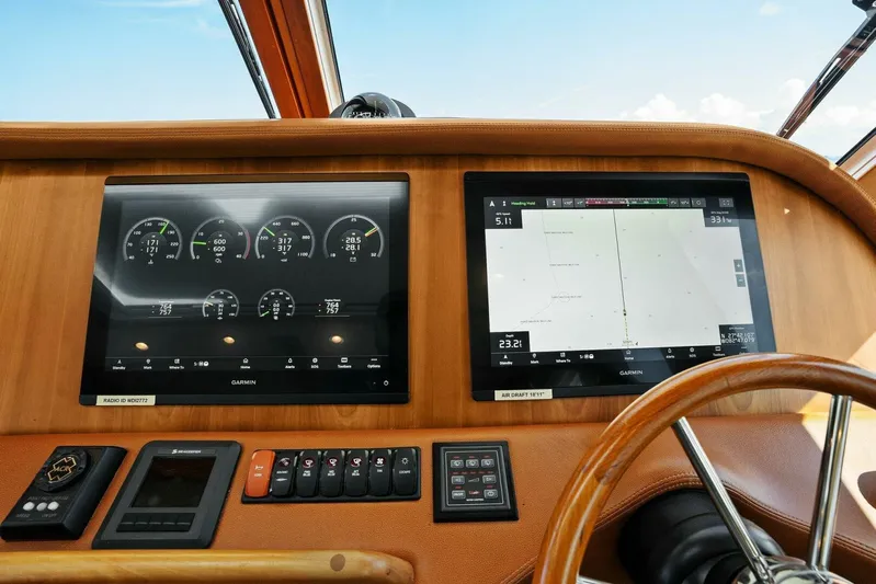 Rowe Boat Yacht Photos Pics Dashboard of 2018 Sabre 48 Salon Express with Garmin navigation displays and controls.