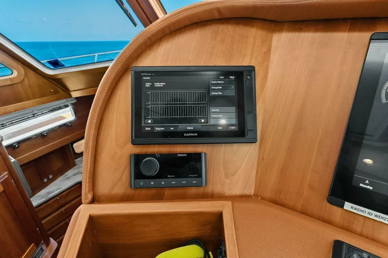 Rowe Boat Yacht Photos Pics 2018 Sabre 48 Salon Express dashboard with Garmin navigation system and ocean view.