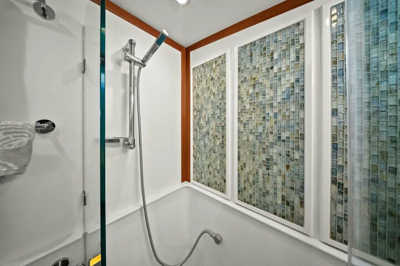 Rowe Boat Yacht Photos Pics Shower area in 2018 Sabre 48 Salon Express with mosaic tile design.