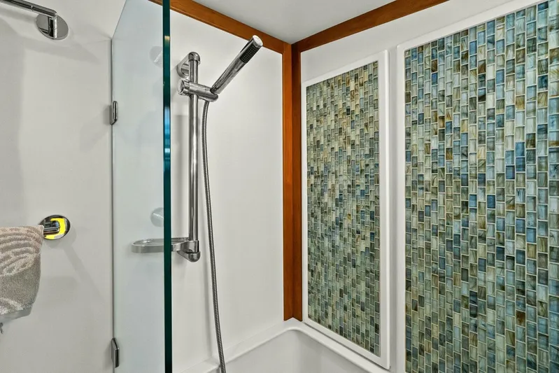 Rowe Boat Yacht Photos Pics Shower area in 2018 Sabre 48 Salon Express with mosaic tile design.