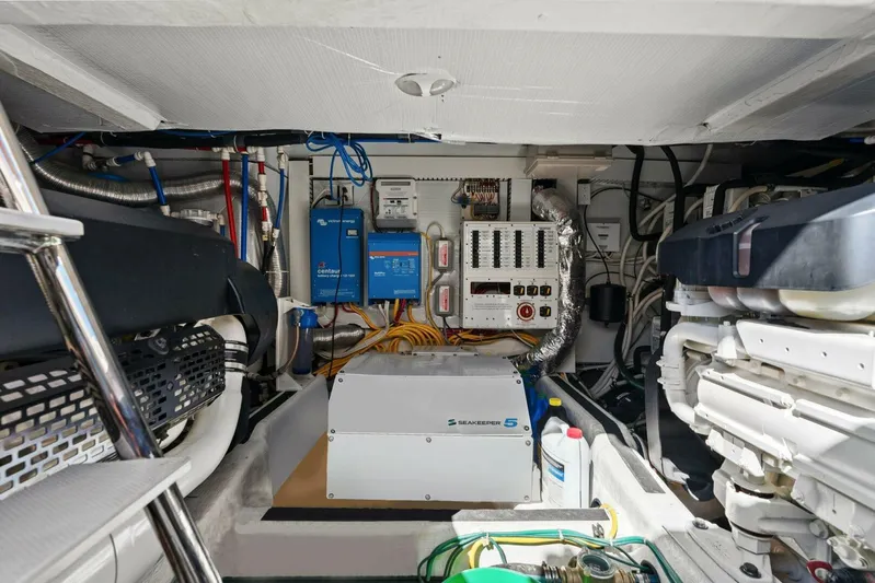Rowe Boat Yacht Photos Pics Engine room of 2018 Sabre 48 Salon Express with Seakeeper 5 stabilizer and electrical systems.