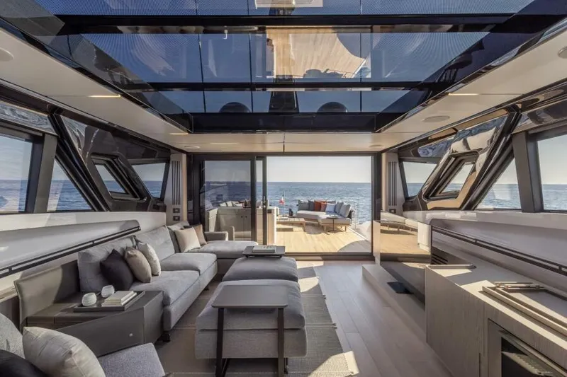 Yacht Photos Pics Luxurious interior of 2022 Ferretti Yachts 1000 SKYDECK with ocean view and modern design.