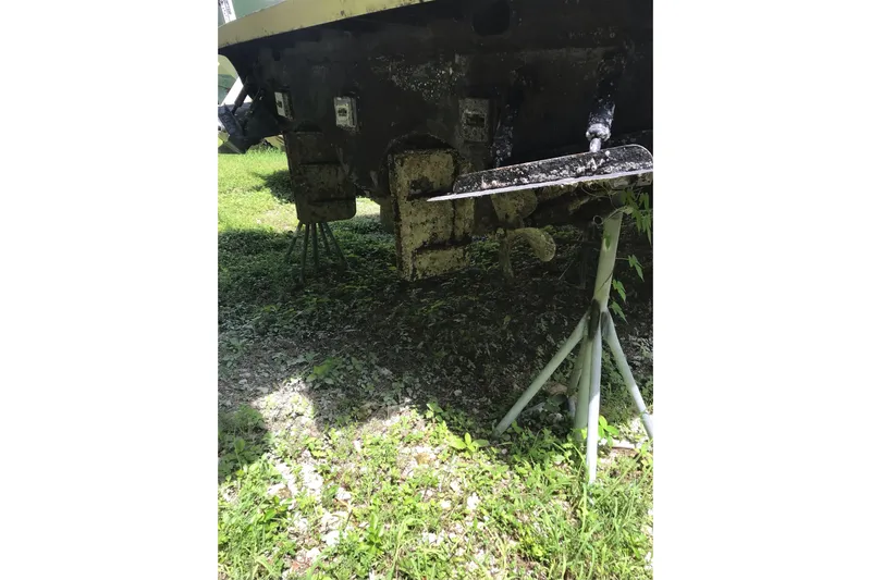 Tuff Baby Yacht Photos Pics 1999 Custom Sport Fishing boat on stands, showing propeller and hull details.