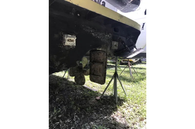 Tuff Baby Yacht Photos Pics 1999 Custom Sport Fishing boat on stands, showing propeller and hull details.
