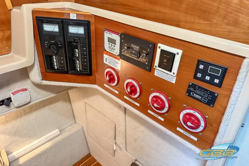  Yacht Photos Pics Control panel of a 2013 Cutwater C-28 boat with switches and gauges.