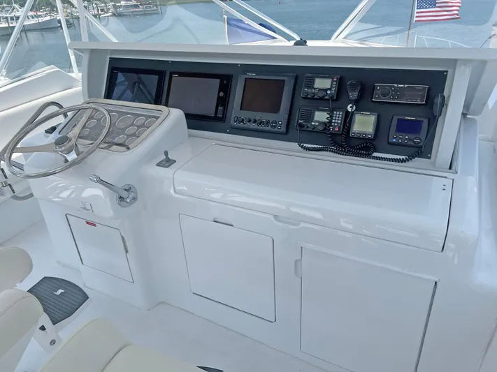 Empress Yacht Photos Pics Helm of 2000 Hatteras 60 Convertible yacht with navigation equipment and steering wheel.