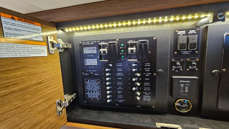  Yacht Photos Pics Electrical panel inside 2017 Cruisers Yachts 390 Express Coupe, featuring switches and warning labels.