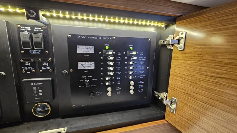  Yacht Photos Pics Electrical panel inside 2017 Cruisers Yachts 390 Express Coupe, featuring switches and LED indicators.