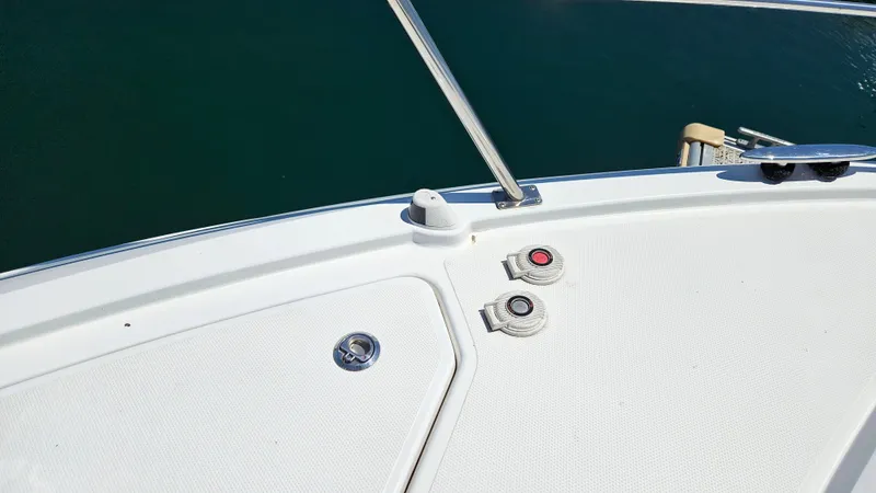  Yacht Photos Pics 2017 Cruisers Yachts 390 Express Coupe deck detail with railing and fittings.
