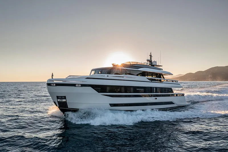 X96 Triplex Yacht Photos Pics Luxury yacht Extra X96 TRIPLEX 2025 cruising at sunset.