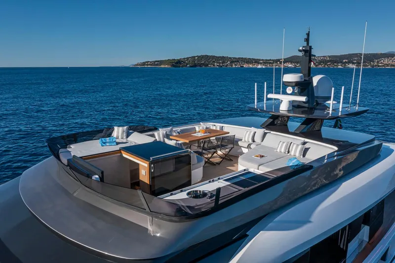 X96 Triplex Yacht Photos Pics Luxurious 2025 Extra X96 TRIPLEX yacht with spacious deck and stunning ocean view.