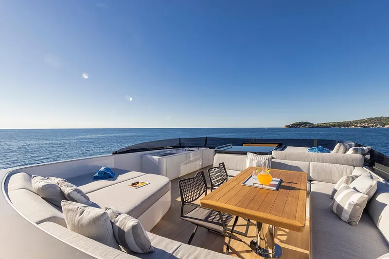 X96 Triplex Yacht Photos Pics Luxurious deck of the 2025 Extra X96 TRIPLEX yacht with ocean view.