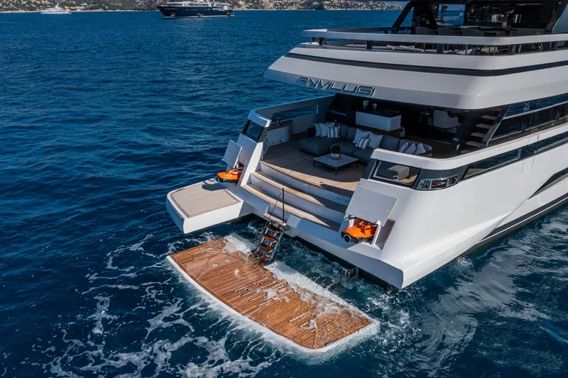 X96 Triplex Yacht Photos Pics 2025 Extra X96 TRIPLEX luxury yacht with swim platform in open water.