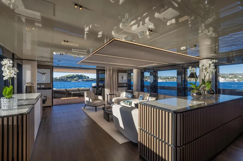 X96 Triplex Yacht Photos Pics Luxurious interior of the 2025 Extra X96 TRIPLEX yacht with ocean view.