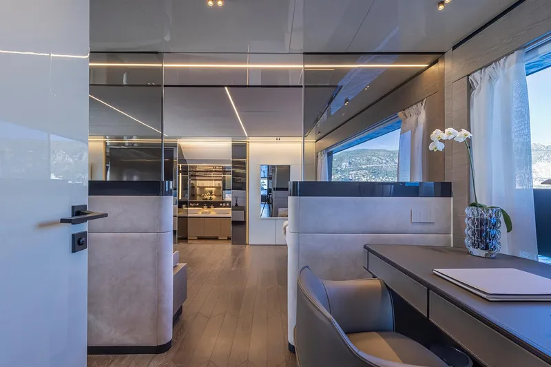 X96 Triplex Yacht Photos Pics Luxurious interior of the 2025 Extra X96 TRIPLEX yacht with modern furnishings.