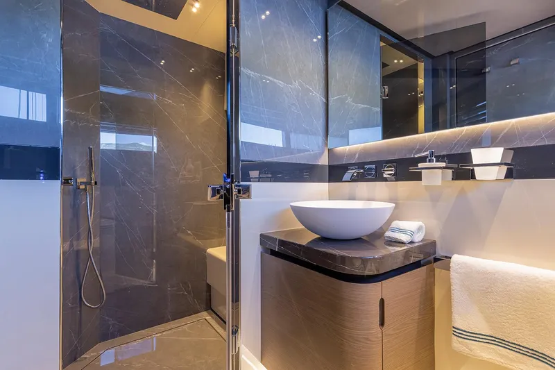 X96 Triplex Yacht Photos Pics Modern bathroom in Extra X96 TRIPLEX 2025 yacht with sleek design and luxury finishes.