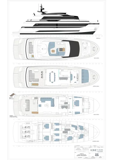 X96 Triplex Yacht Photos Pics Blueprint of 2025 Extra X96 TRIPLEX luxury yacht with detailed deck layouts.