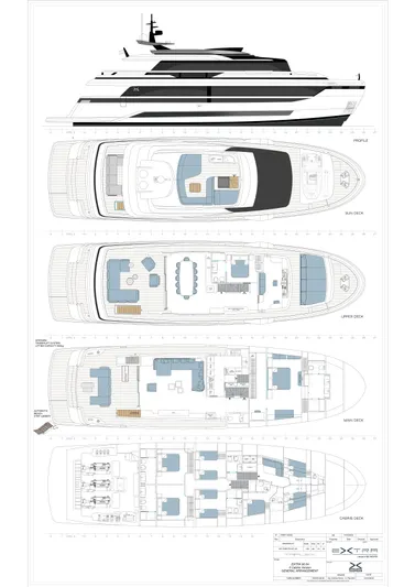X96 Triplex Yacht Photos Pics Blueprint of 2025 Extra X96 TRIPLEX luxury yacht with detailed deck layouts.