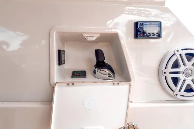  Yacht Photos Pics Control panel of a 2015 Beneteau Gran Turismo 49 yacht with audio system and joystick.