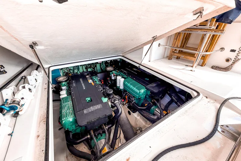  Yacht Photos Pics Engine compartment of 2015 Beneteau Gran Turismo 49 yacht, showcasing dual Volvo Penta engines.