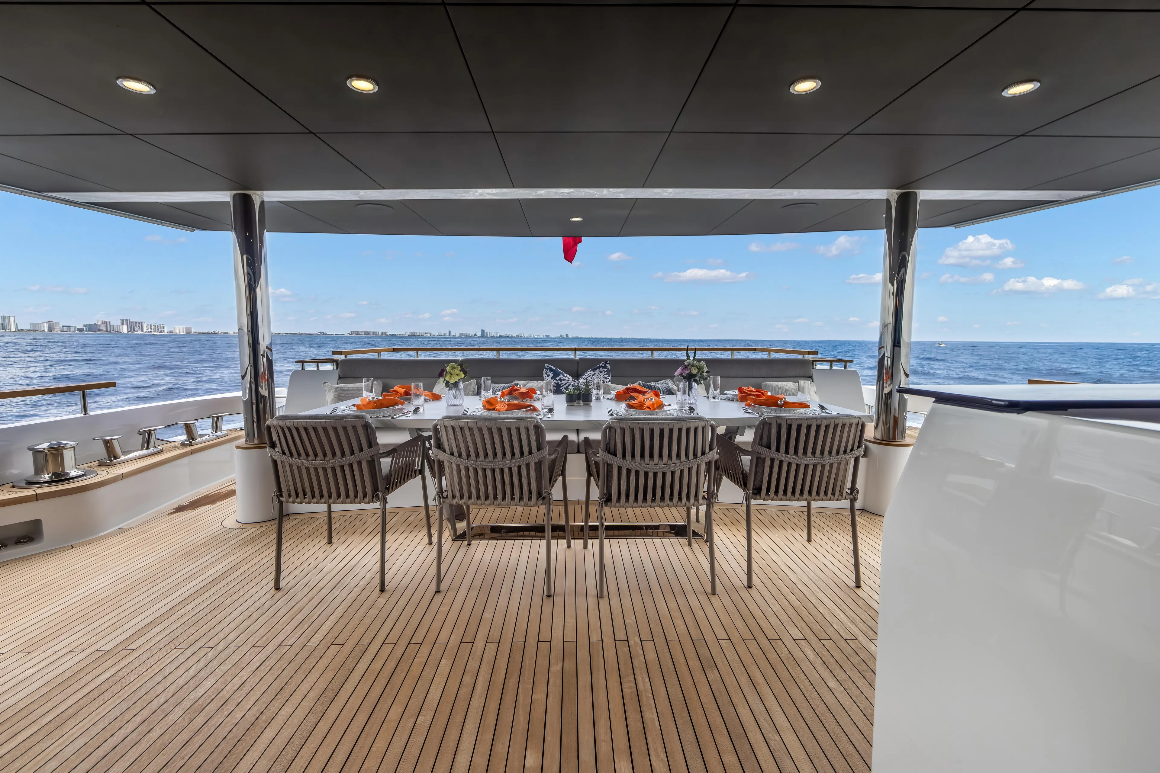 Evelyn P Yacht Photos Pics Luxury dining area on 2022 Numarine 37XP yacht with ocean view.