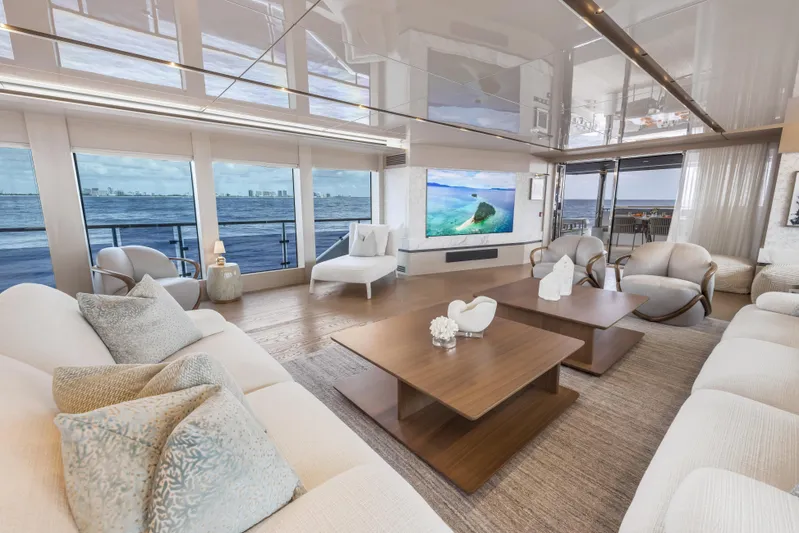 Evelyn P Yacht Photos Pics Luxurious interior of 2022 Numarine 37XP yacht with ocean views and elegant furnishings.