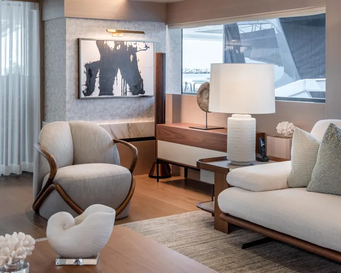 Evelyn P Yacht Photos Pics Luxurious interior of 2022 Numarine 37XP yacht with modern decor and elegant furnishings.