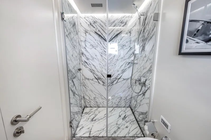 Evelyn P Yacht Photos Pics Luxurious marble shower in 2022 Numarine 37XP yacht bathroom.