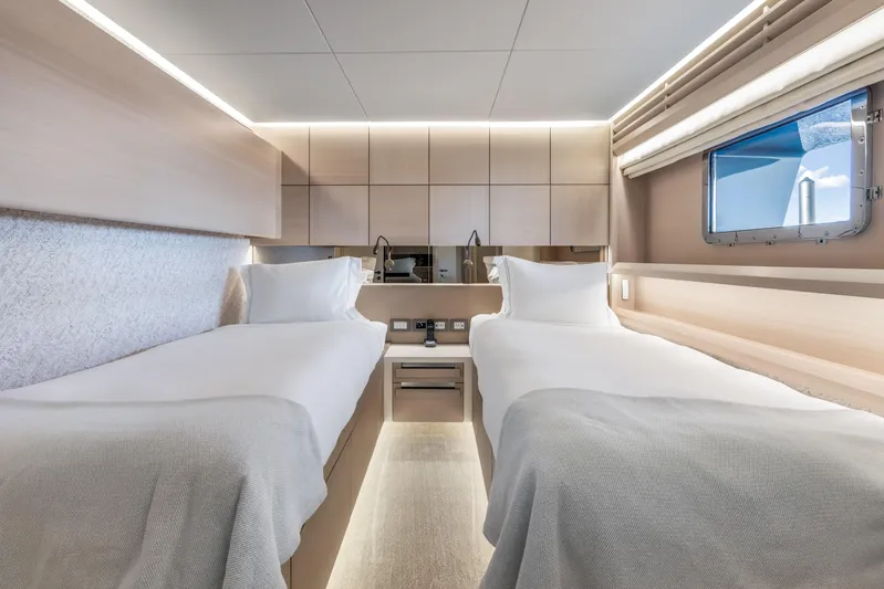 Evelyn P Yacht Photos Pics Luxurious twin cabin interior of 2022 Numarine 37XP yacht with modern design.