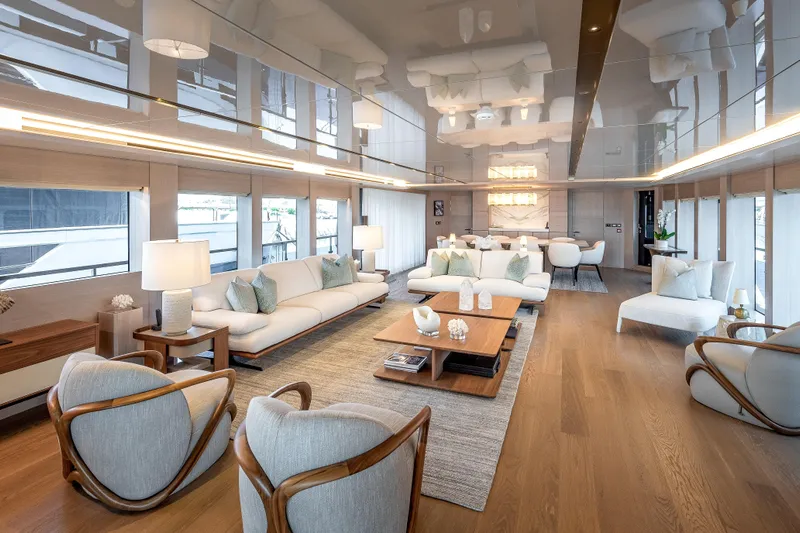 Evelyn P Yacht Photos Pics Luxurious interior of 2022 Numarine 37XP yacht with elegant seating and modern decor.